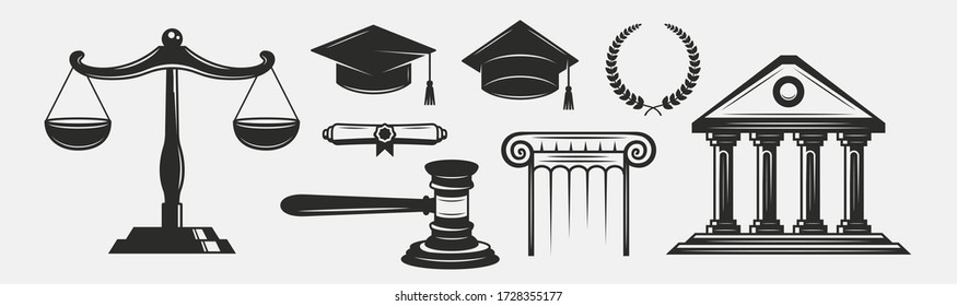 Justice, Law vintage set. Justice scales, gavel, courthouse. Lawyer icons set isolated on white background. Lawyer, advocate, notary logo templates. Vector illustration