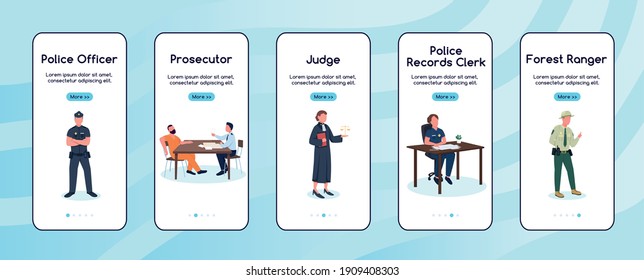 Justice and law workers onboarding mobile app screen flat vector template. Jobs which help people. Walkthrough website steps with characters. UX, UI, GUI smartphone cartoon interface, case prints set