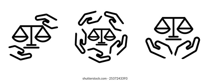 Justice lawyer attorney service scales icon set illustration line outline stroke symbol of balance legal community support with hand gesture
