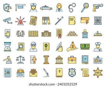 Justice legal icons set. Outline set of justice legal vector icons thin line color flat on white