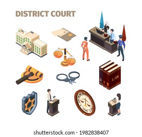 Justice legal isometric. Government law evidence defendant punishment judgment talking at court garish vector pictures collection