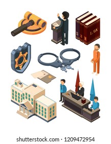 Justice legal isometric. Law hammer books judge lawyer criminal court and other 3d vector symbols isolated. Lawyer and hammer, court and judge illustration