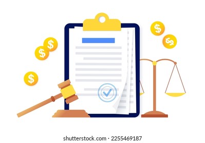 Justice and legal work concept. lawyer consultation, legal punishment or verdict decision. Gavel and scale symbols. Judicial act and paper jurisdiction documentation flat vector illustration for court