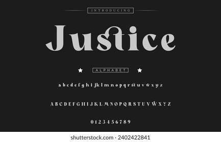 Justice Lettering Minimalist Fashion. Elegant alphabet letters serif font and number. Typography fonts regular uppercase, lowercase.