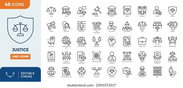 Justice line editable icon set. Containing justice law, court, lawyer, judgment, authority, criminal, prison, and more. Vector illustration.