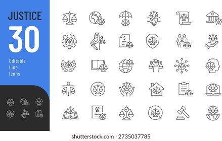 Justice Line Editable Icons set. Vector illustration in modern thin style of law related icons: documents, regulation, court, and more. Isolated on transparent background.