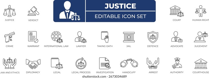 Colección de icono de línea de justicia,, colección de icono de línea simple 