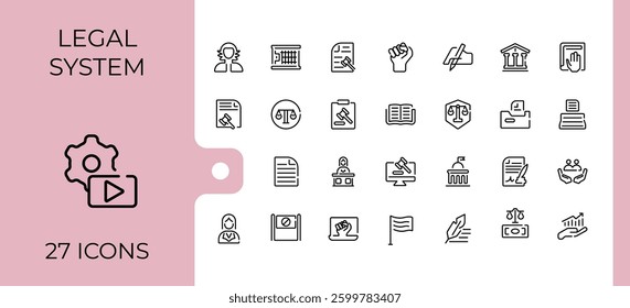Justice line icon. Includes thin line symbols lawyer, judgement, crime, judgment, court and more. Minimal icons collection. Judge icon pack. Editable stroke. Vector collection.