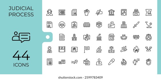 Justice line icon. Includes thin line symbols lawyer, judgement, crime, judgment, court and more. Minimal icons collection. Judge icon pack. Editable stroke. Vector collection.