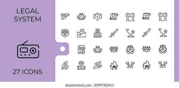 Justice line icon. Includes thin line symbols lawyer, judgement, crime, judgment, court and more. Minimal icons collection. Judge icon pack. Editable stroke. Vector collection.