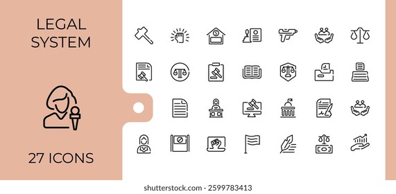 Justice line icon. Includes thin line symbols lawyer, judgement, crime, judgment, court and more. Minimal icons collection. Judge icon pack. Editable stroke. Vector collection.