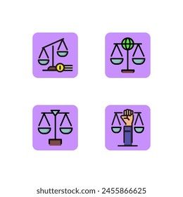 Conjunto de iconos de línea de justicia. Escala como símbolo de derechos civiles, derecho global, juicio. Derecho y concepto judicial. Ilustración vectorial para el Diseño web