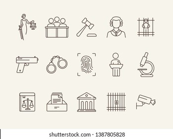 Justice line icon set. Video surveillance, fingerprint, courthouse. Justice concept. Can be used for topics like crime, trial, court, investigation