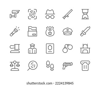 Iconos de línea de justicia establecidos. Objetos vectoriales aislados en un fondo blanco para diseño web y gráficos. Colección de iconos de esquema.