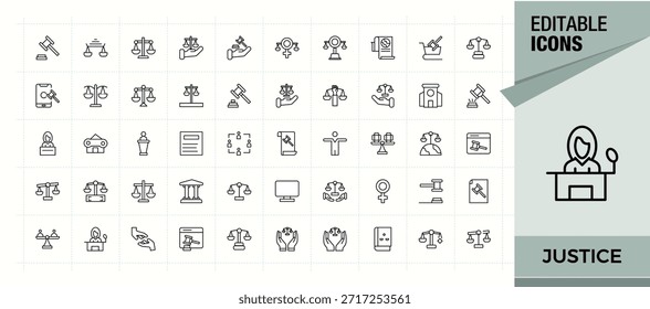 Conjunto de iconos lineales de justicia. Contiene símbolos tales como juez, legal, juicio, tribunal, ley y más. Conjunto de iconos de juzgado. Conjunto de iconos de línea delgada. Píxel perfecto. Vector editable.