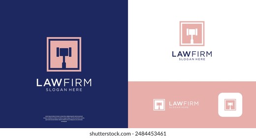 Justice logo design with hammer symbol in negative space square elements.
