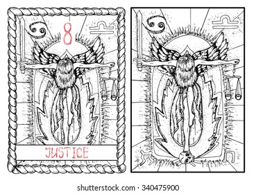 Justice.  The major arcana tarot card, vintage hand drawn engraved illustration with mystic symbols. Woman holding sword and scales and standing on human scull against fire background. 