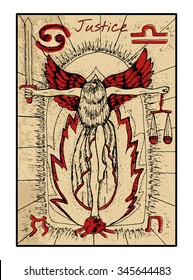Justice.  The major arcana tarot card in color, vintage hand drawn engraved illustration with mystic symbols. Woman holding sword and scales and standing on human scull against fire background.