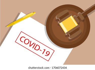 Justice Mallet And Blank Document With Covid-19 Red Stamp. Vector Illustration