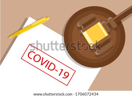 Justice mallet and blank document with Covid-19 red stamp. vector illustration