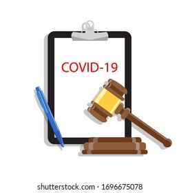 Justice mallet, pen and blank document with Covid-19. vector illustration