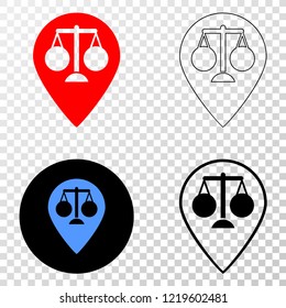 Justice map marker EPS vector pictogram with contour, black and colored versions. Illustration style is flat iconic symbol on chess transparent background.