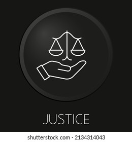 Icono de línea vectorial mínima de justicia sobre botón 3D aislado en fondo negro. Vector Premium.