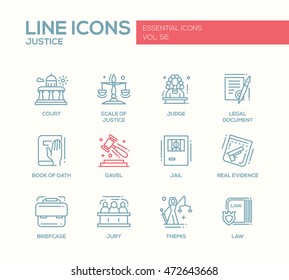 Justice - modern vector plain line design icons and pictograms set. Court, judge, legal document, book of oath, gavel, jail, real evidence, jury, briefcase themis law