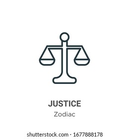 Icono de vector de esquema de justicia. Icono de justicia negra en línea delgada, ilustración de elemento simple vector plano del concepto zodiaco editable trazo aislado en fondo blanco