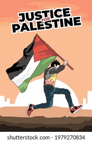 Justice For Palestine Poster. A man hold National Flag of Country. Cartoon vector illustration