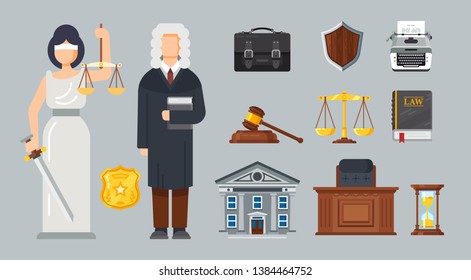 Justice of Peace, Themis with balance weights. Protection of rights, guarantee of safety of citizens, judicial system of law and justice, courthouse and main attributes of judge. Vector illustration.