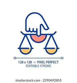 Justice pixel perfect RGB color icon. Balanced scales on finger. Law system protecting order in society. Judgement. Isolated vector illustration. Simple filled line drawing. Editable stroke