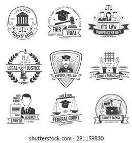 Justice police and law enforcement label set isolated vector illustration