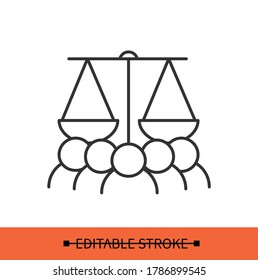 Justice Protest Icon. People Under Scales Linear Pictogram. Concept Of Civil Rights Movement, Discrimination Protest, Law Equality And Fair Public Justice System. Editable Stroke Vector Illustration