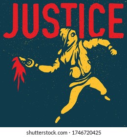 Justice. Protesting rioter with mask and molotov cocktail in hand. Vector illustration on grunge texture background.