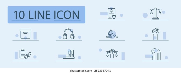 Justice rights set icon. Law, gavel, contract, handcuffs, protest, freedom, folder, scales, balance, equality, agreement, files, revolution, legal system, evidence, activism, fingerprint, legislation.