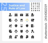 Justice and rule of law pixel perfect black glyph icons set on white space. Government system of regulation. Legislative norms. Silhouette symbols. Solid pictogram pack. Vector isolated illustration