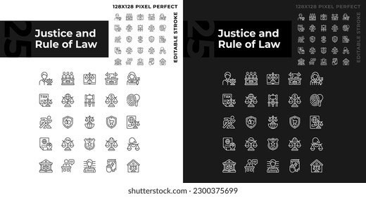 Justice and rule of law pixel perfect linear icons set for dark, light mode. Government system of regulation. Thin line symbols for night, day theme. Isolated illustrations. Editable stroke