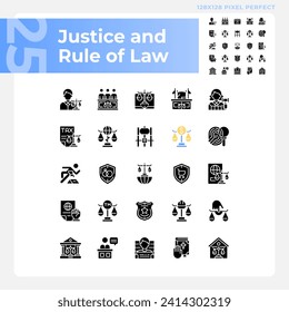 Justice and rule of law pixel perfect black glyph icons set on white space. Government system of regulation. Legislative norms. Silhouette symbols. Solid pictogram pack. Vector isolated illustration