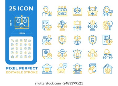 Justicia y estado de derecho dos iconos de línea de color establecidos. Sistema de regulación gubernamental. Las normas legislativas bicolor delinean iconos aislados. Pictogramas duotónicos delgados lineales. Trazo editable