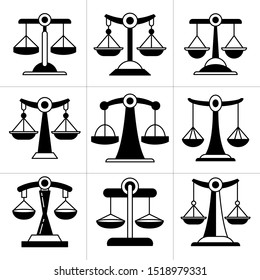 justice scale, balance scale icons set