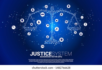 Justice scale with dot and line connection and icon. Background Concept of crime and law system