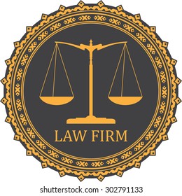 Justice scale icon with caption LAW FIRM