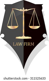 Justice scale icon with caption LAW FIRM in gold grunge style on a black shield with shadow