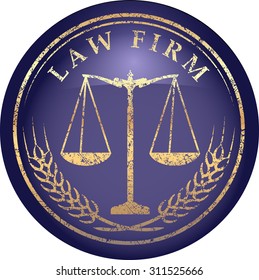 Justice scale icon with caption LAW FIRM in gold grunge style on a glossy shine blue background
