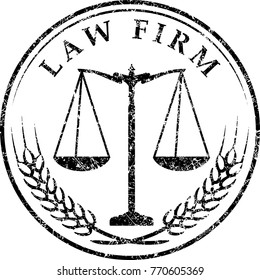 Justice scale icon with caption LAW FIRM in grunge rubber stamp style