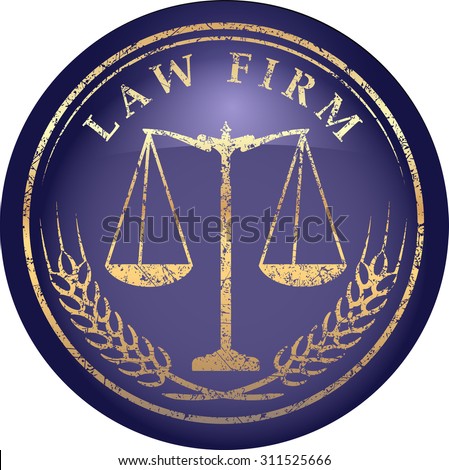 Justice scale icon with caption LAW FIRM in gold grunge style on a glossy shine blue background