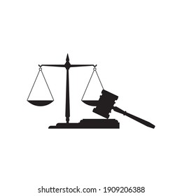 justice scale icon and judge wooden hammer. The hammer mark is legal