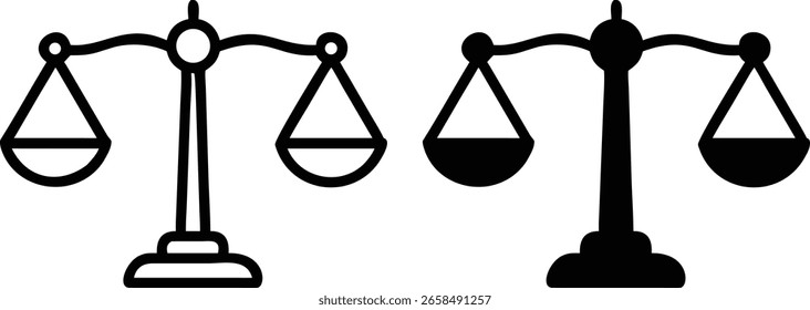 Conjunto de iconos de escala de justicia: símbolo de equilibrio en blanco y negro para conceptos de ley, ética y equidad