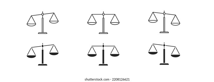 Justice scale icon set. Equilibrium concept. Measure signs. Legal law symbol. Vector illustration. 
